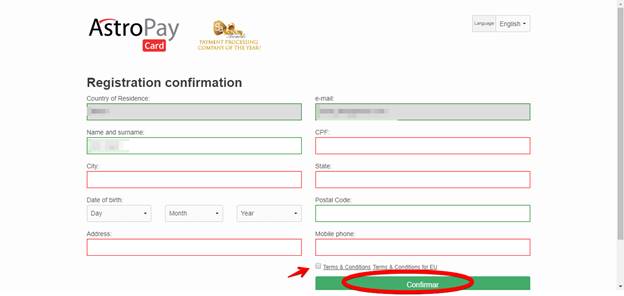 AstroPay screenshot displaying registration confirmation
